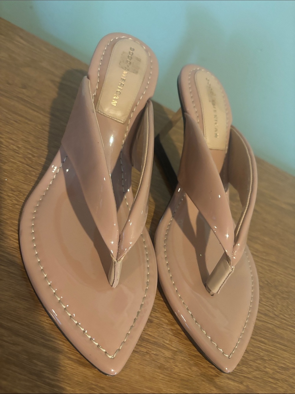 Good American Blush Pink Patent Pointed-Toe Thong Sandals